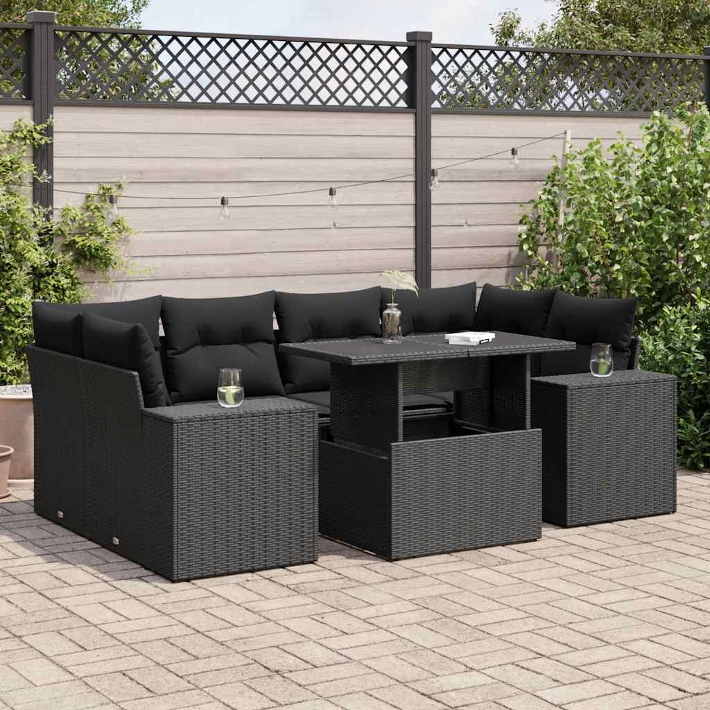 7 Pcs conjunto de sofás p/ jardim c/ almofadões vime PE preto