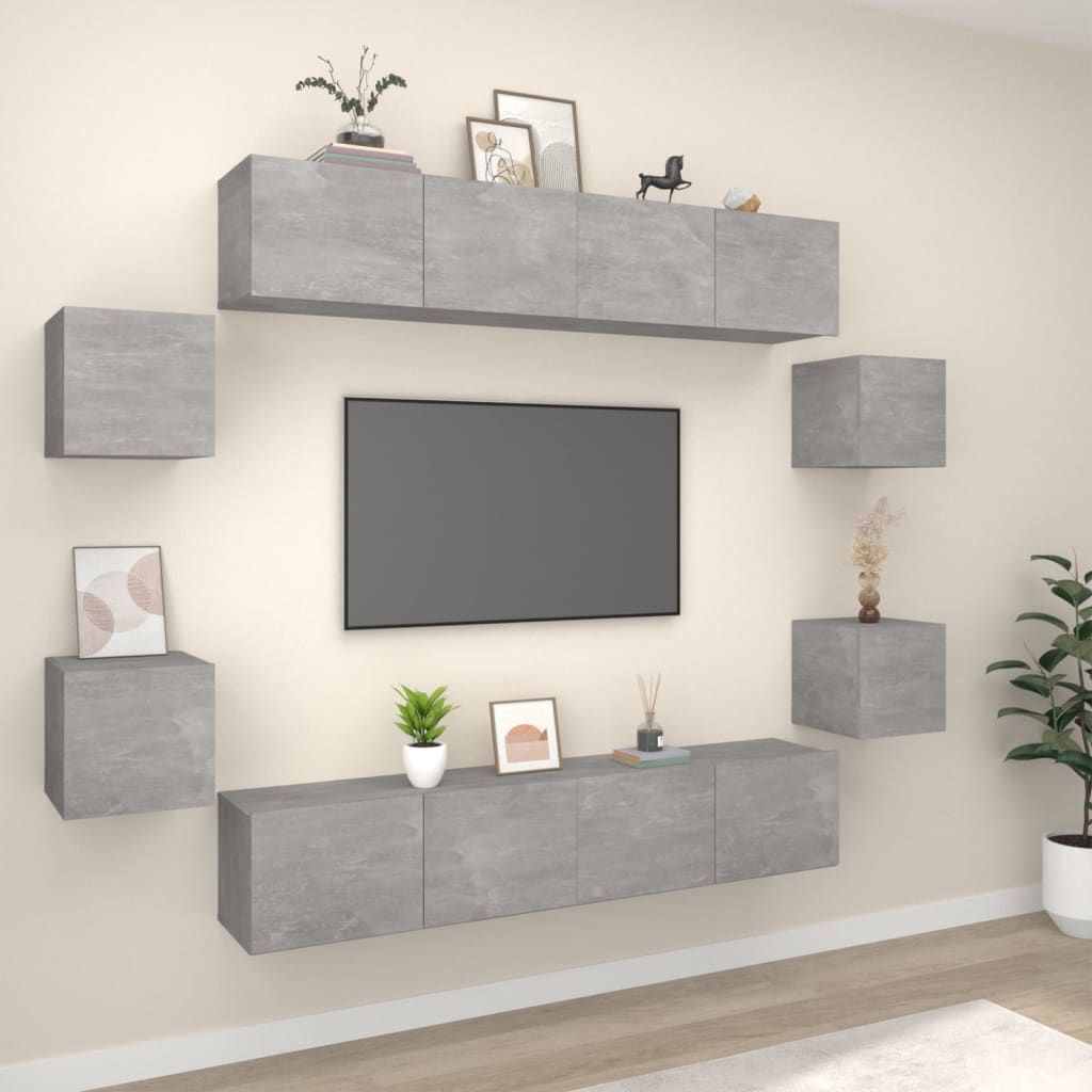 Conjunto móveis de TV 8 pcs madeira processada cinzento cimento