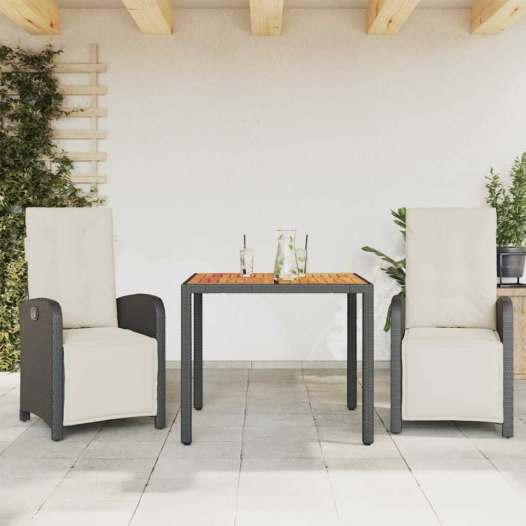 3 Pcs conjunto de bistrô com almofadões vime PE preto