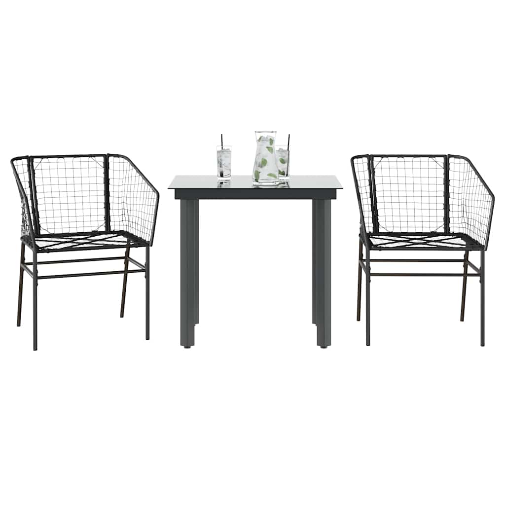 3 Pcs conjunto de jantar para jardim vime PE vidro preto