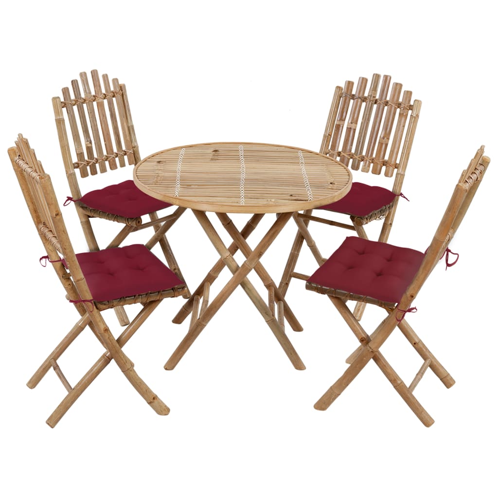 5 Pcs conj. de jantar dobrável c/ almofadões p/ exterior bambu