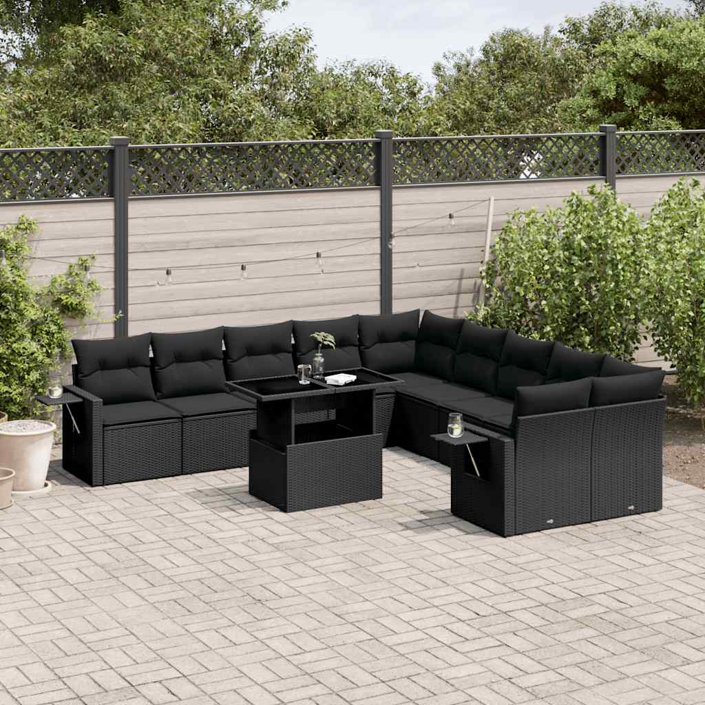 11 Pcs conjunto sofás de jardim c/ almofadões vime PE preto