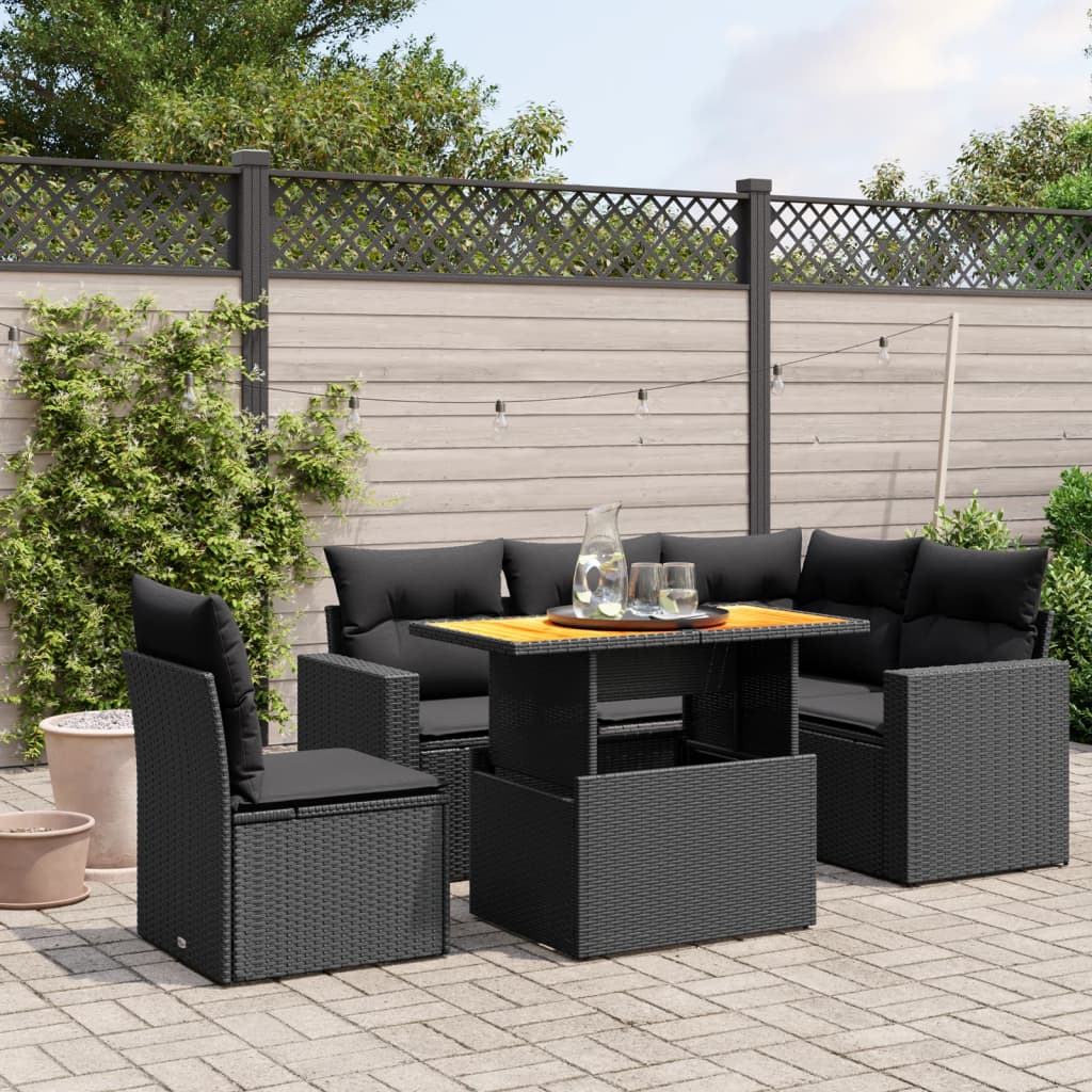 6 Pcs conjunto sofás de jardim c/ almofadões vime PE preto