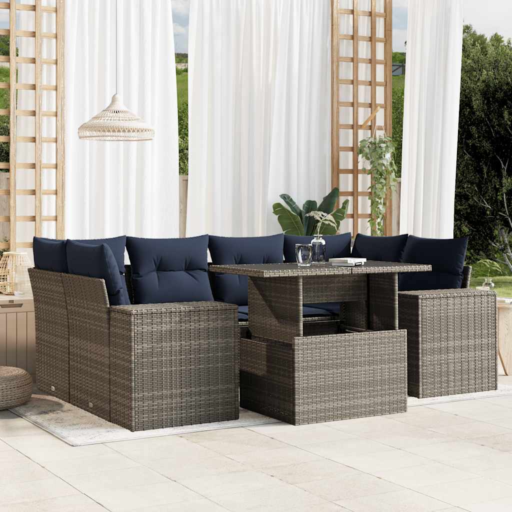 Conjunto de sofá de jardim com 7 peças e almofadas em rattan sintético cinza