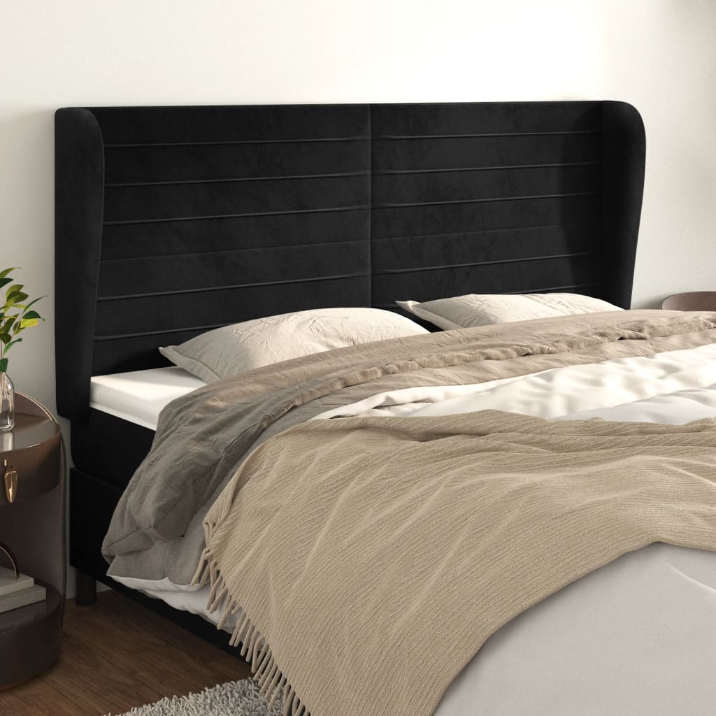 Cabeceira de cama c/ abas veludo 163x23x118/128 cm preto