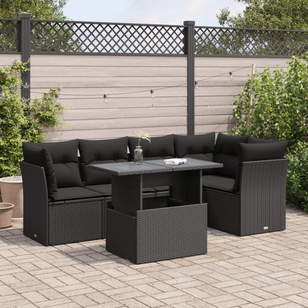 6 Pcs conjunto sofás de jardim c/ almofadões vime PE preto