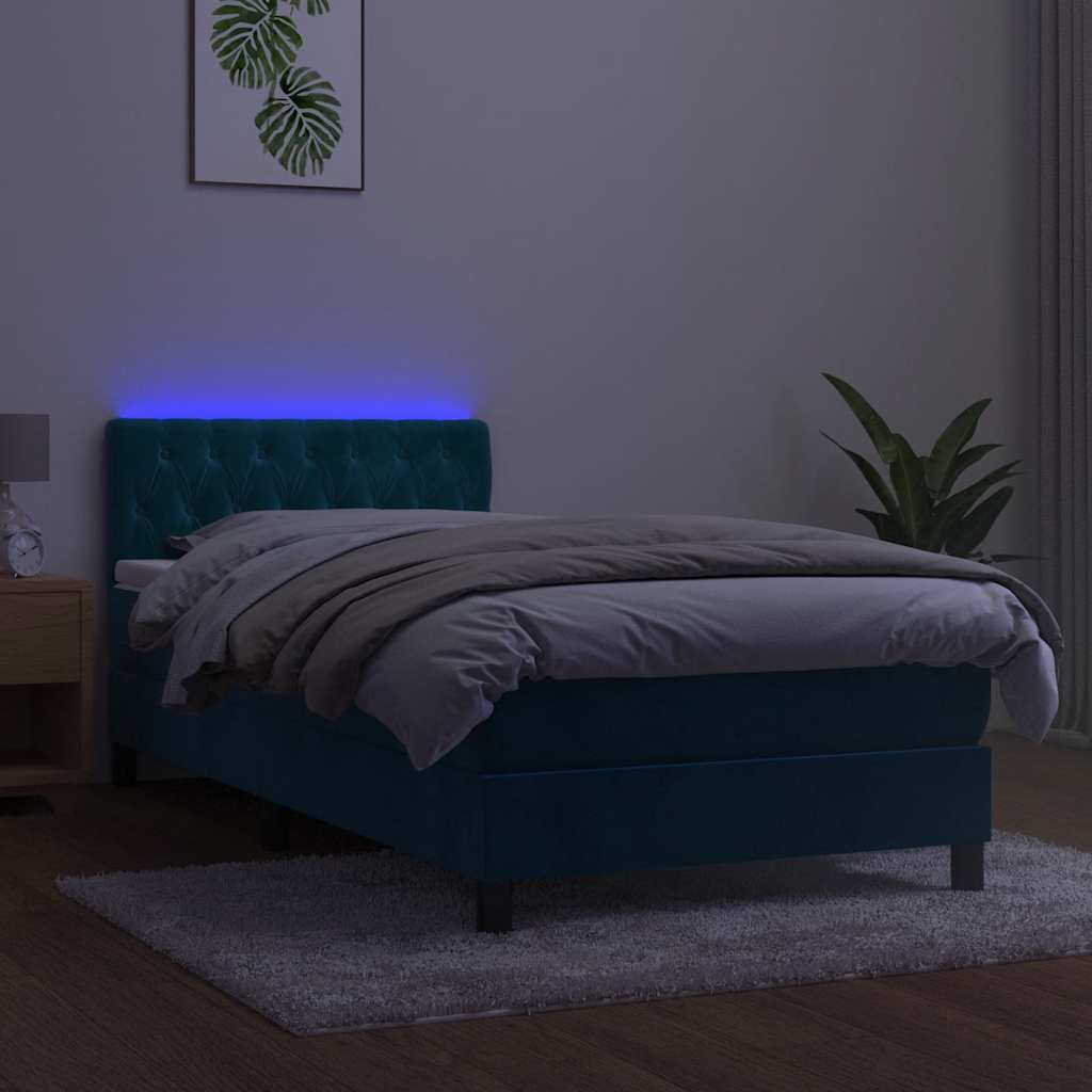 Cama box spring c/ colchão/LED 90x190 cm veludo azul-escuro