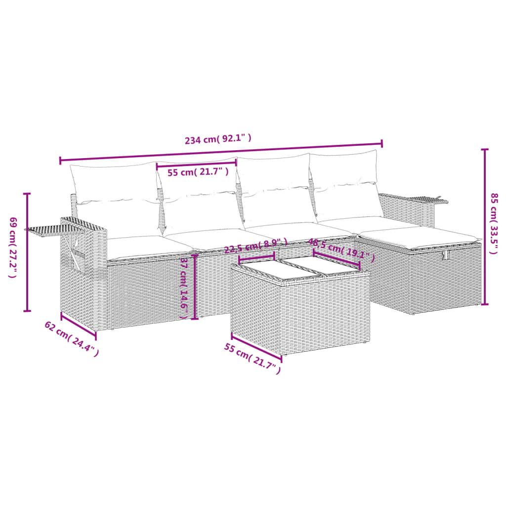 Conjunto de sofá de jardim com 6 peças e almofadas em rattan sintético marrom