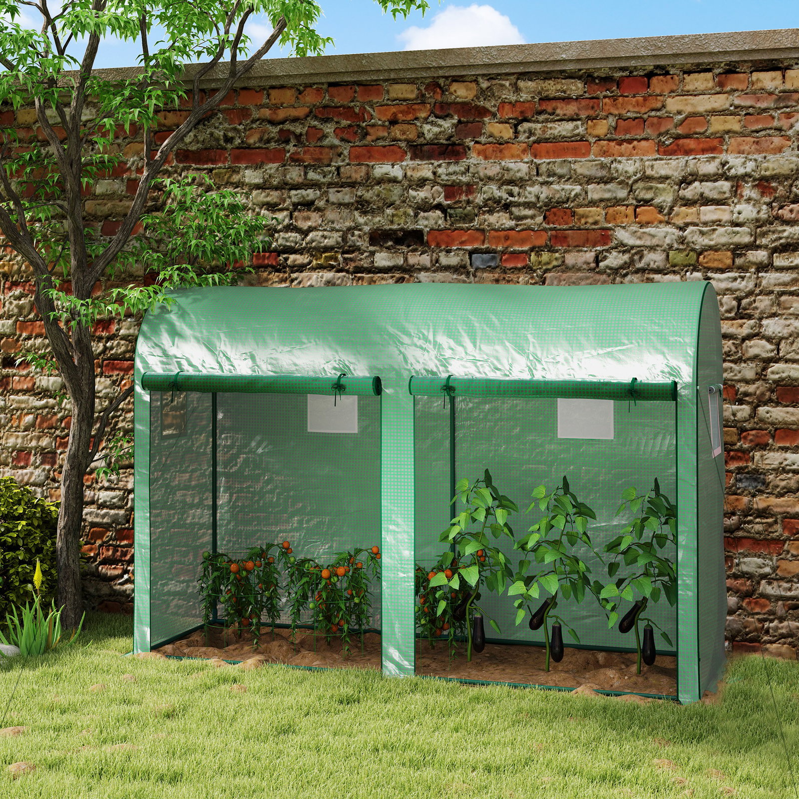 Estufa jardim tipo túnel com 4 janelas e 2 portas para plantas de PE de aço 300x100x200 cm verde