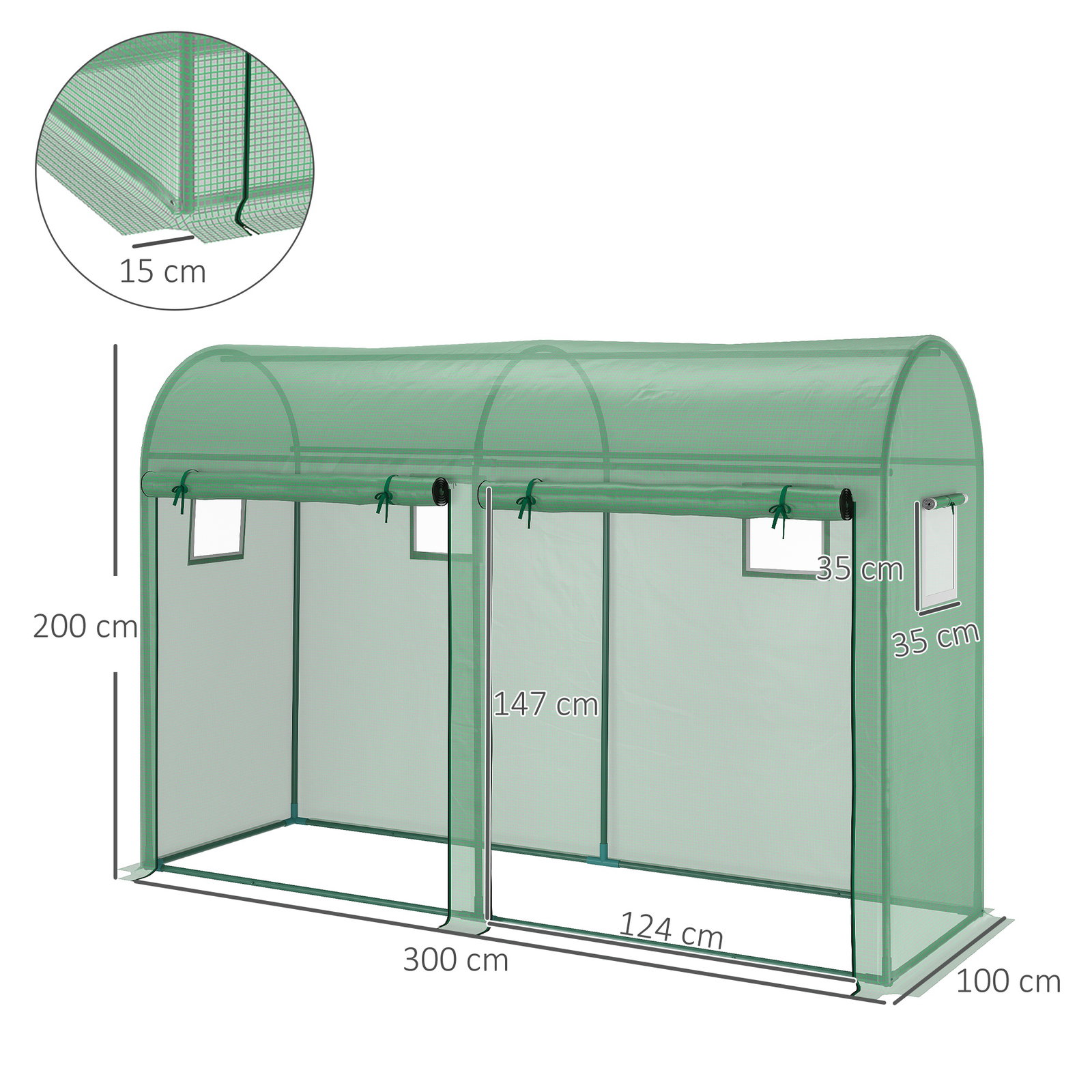 Estufa jardim tipo túnel com 4 janelas e 2 portas para plantas de PE de aço 300x100x200 cm verde
