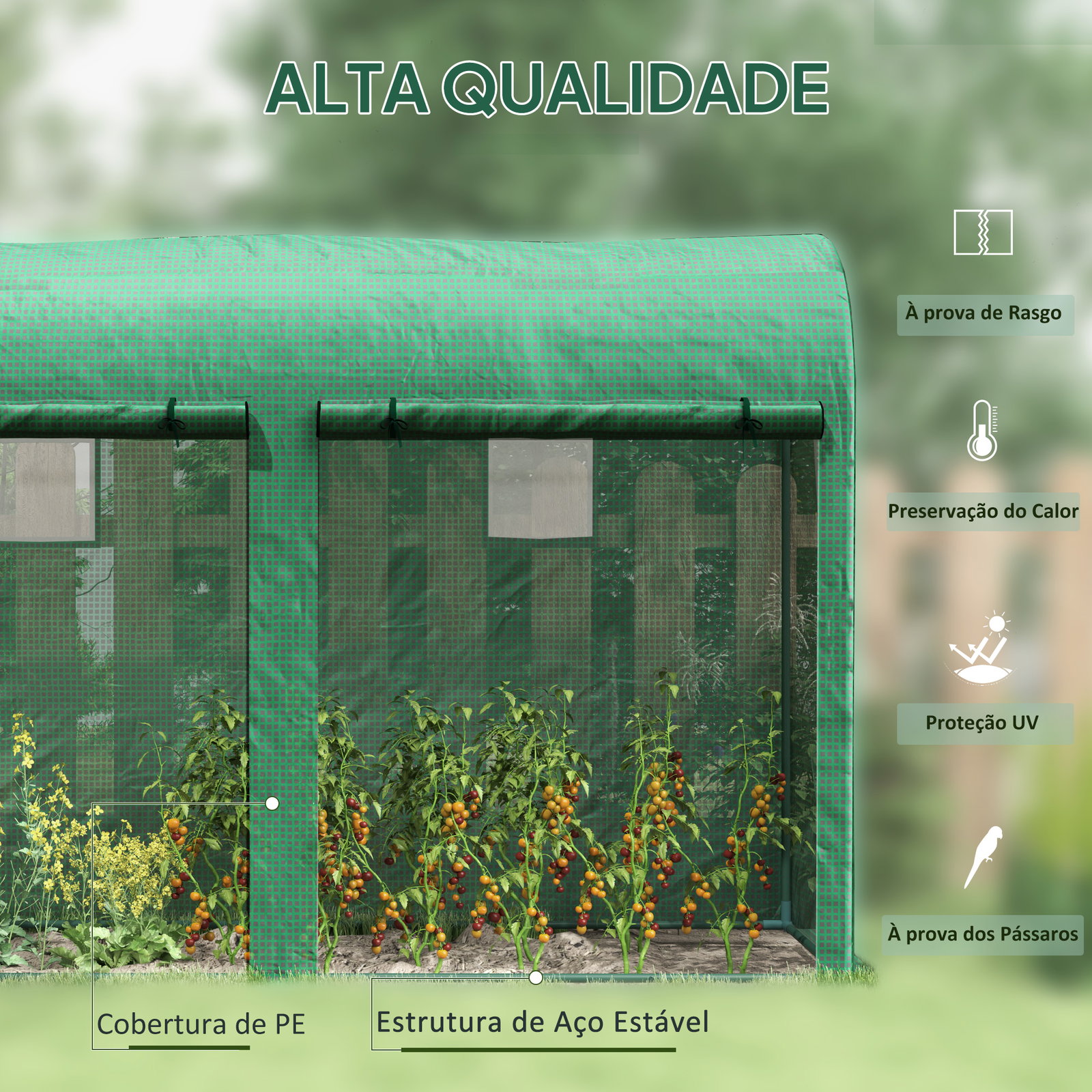 Estufa jardim tipo túnel com 4 janelas e 2 portas para plantas de PE de aço 300x100x200 cm verde
