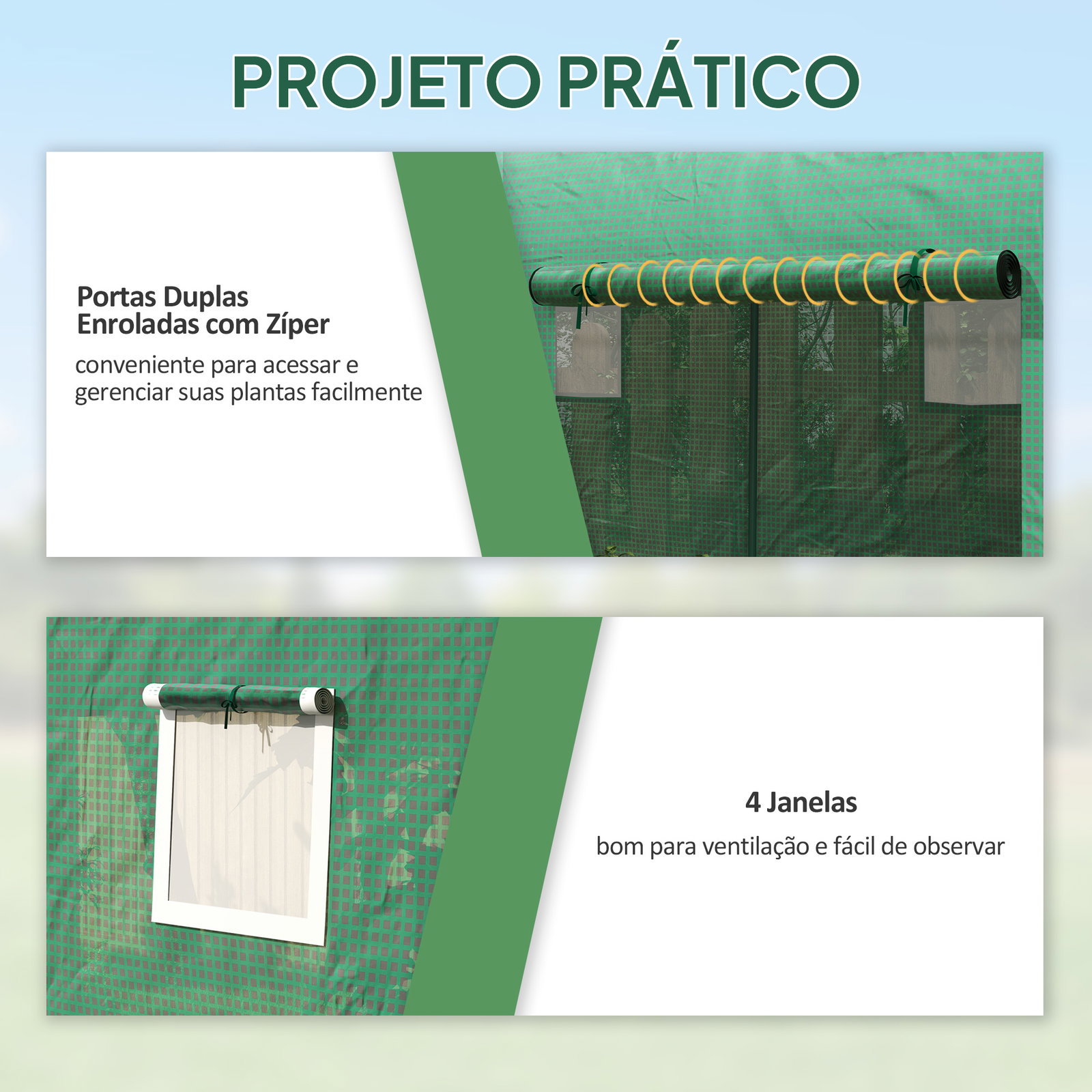 Estufa jardim tipo túnel com 4 janelas e 2 portas para plantas de PE de aço 300x100x200 cm verde