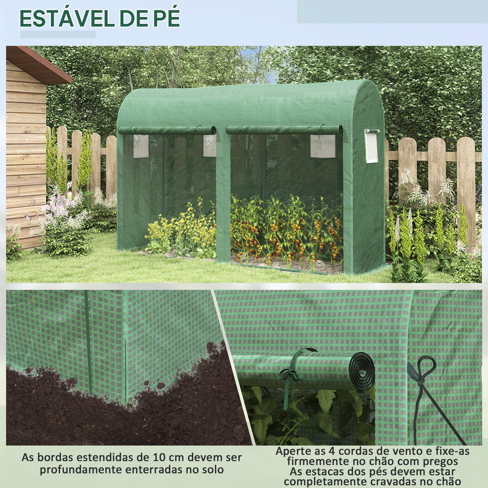Estufa jardim tipo túnel com 4 janelas e 2 portas para plantas de PE de aço 300x100x200 cm verde