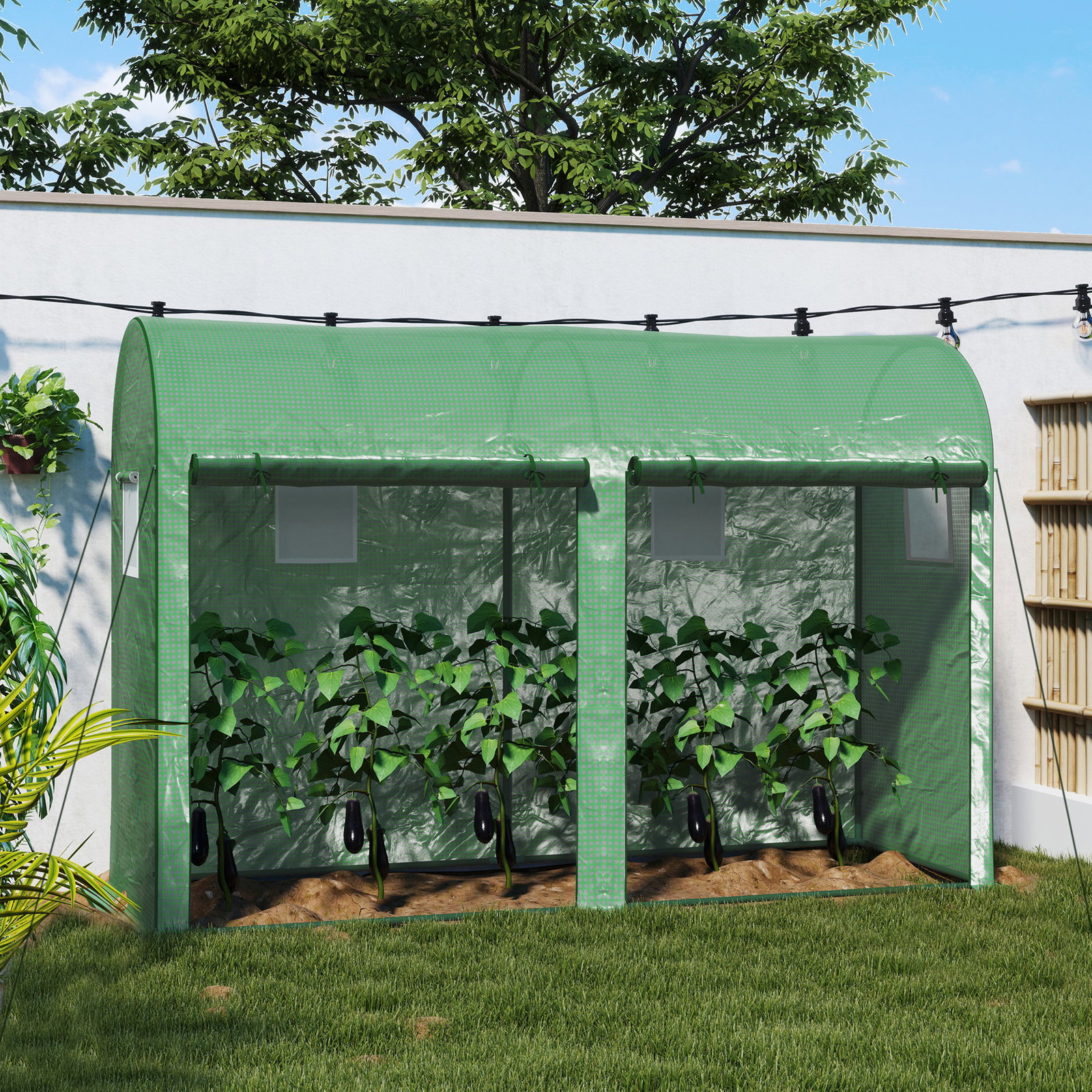 Estufa jardim tipo túnel com 4 janelas e 2 portas para plantas de PE de aço 300x100x200 cm verde