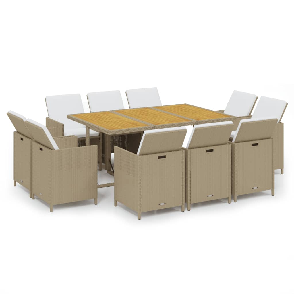 11 Pcs conjunto jantar p/ jardim c/ almofadões vime PE bege