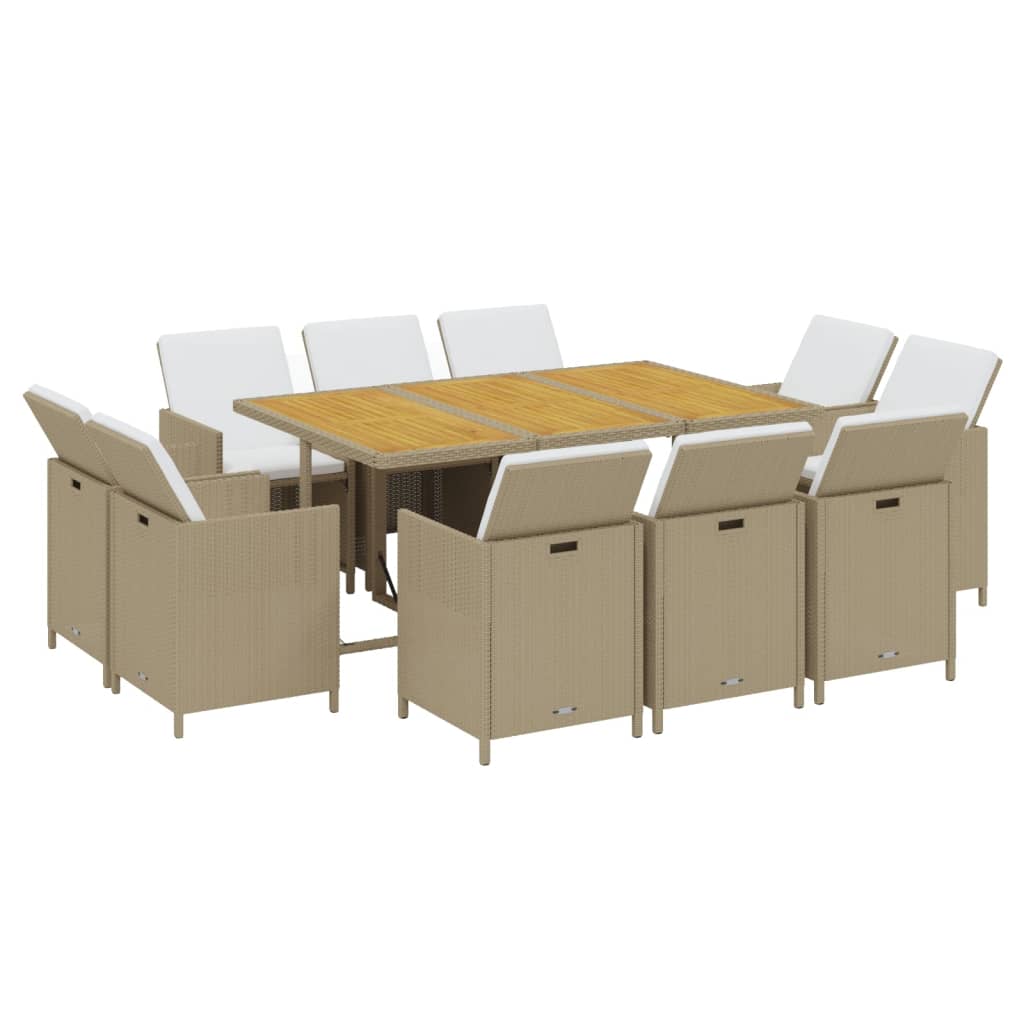 11 Pcs conjunto jantar p/ jardim c/ almofadões vime PE bege