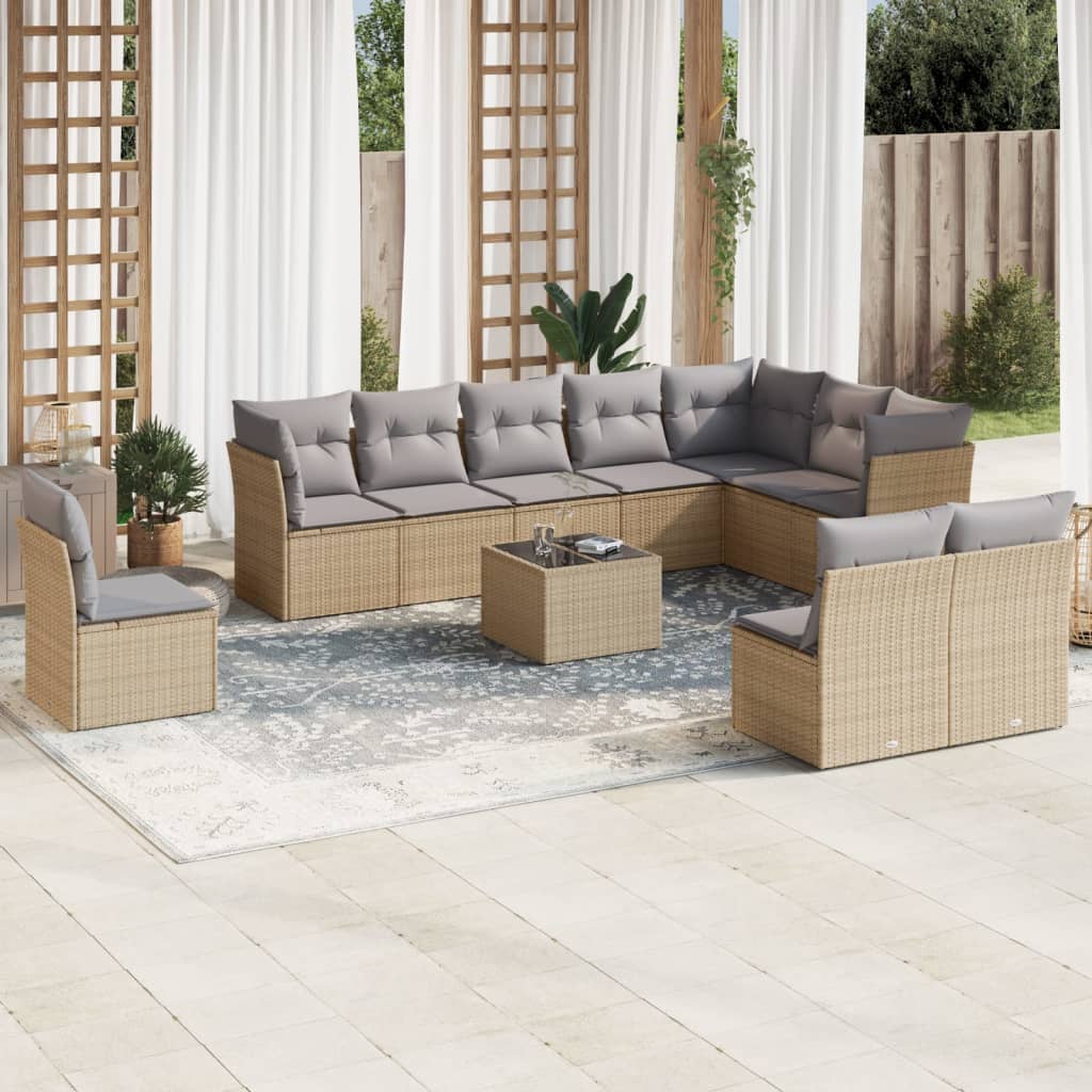 11 Pcs conjunto sofás de jardim c/ almofadões vime PE bege