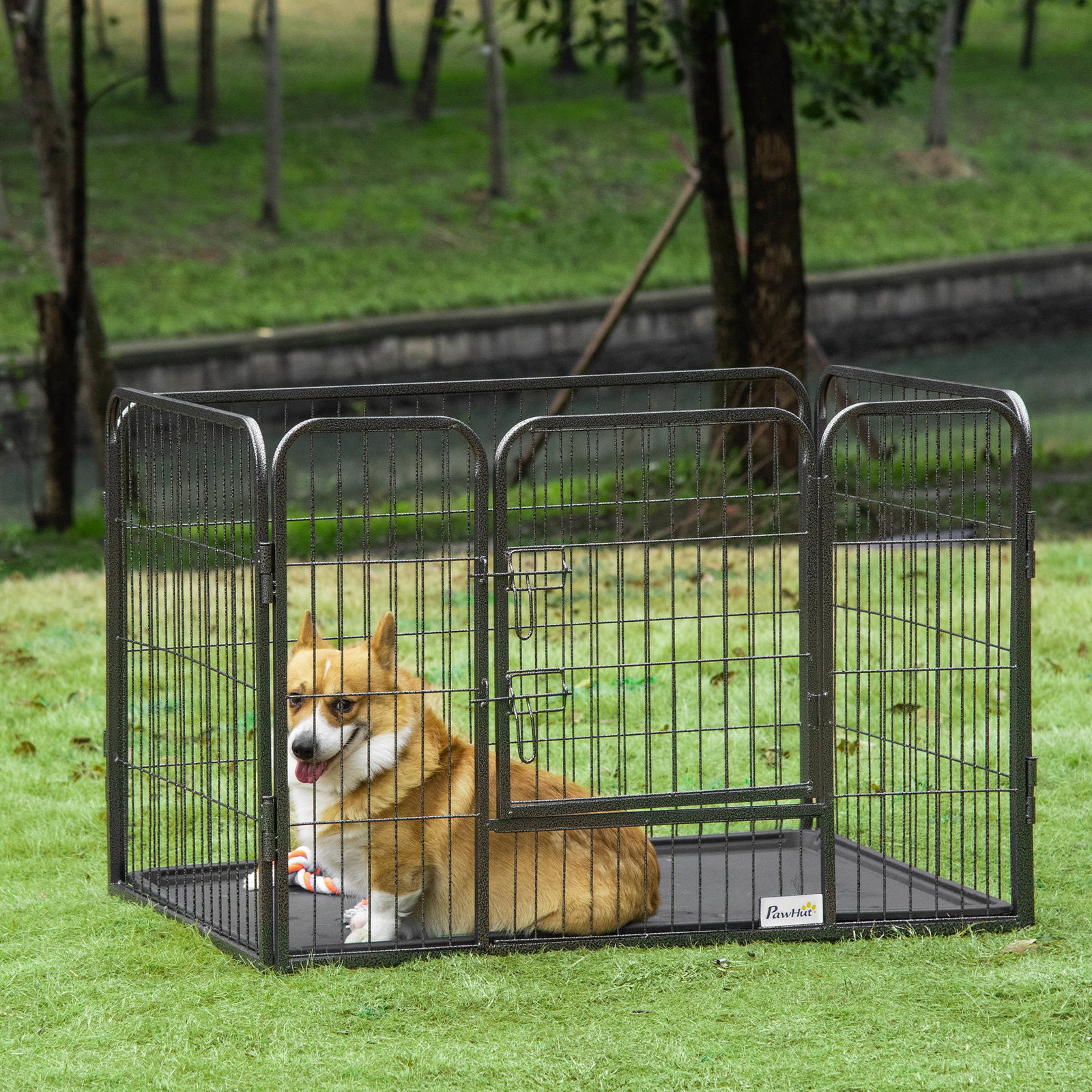 Barreira de Segurança para Animais de Estimação Parque de Diversão para Animais com 4 Painéis de Aço 109x74x71cm com Porta de Tr