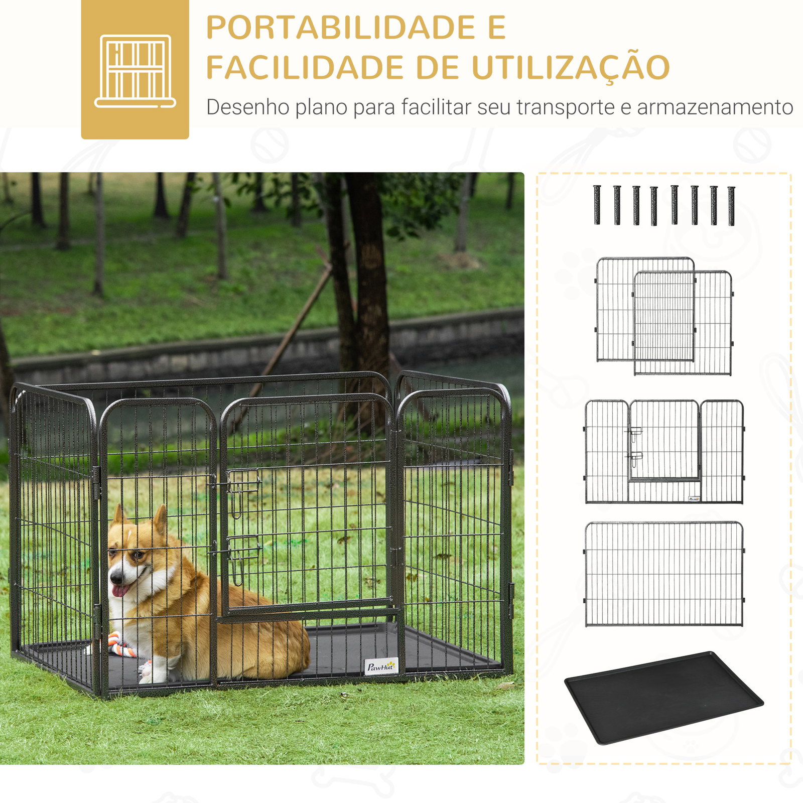 Barreira de Segurança para Animais de Estimação Parque de Diversão para Animais com 4 Painéis de Aço 109x74x71cm com Porta de Tr