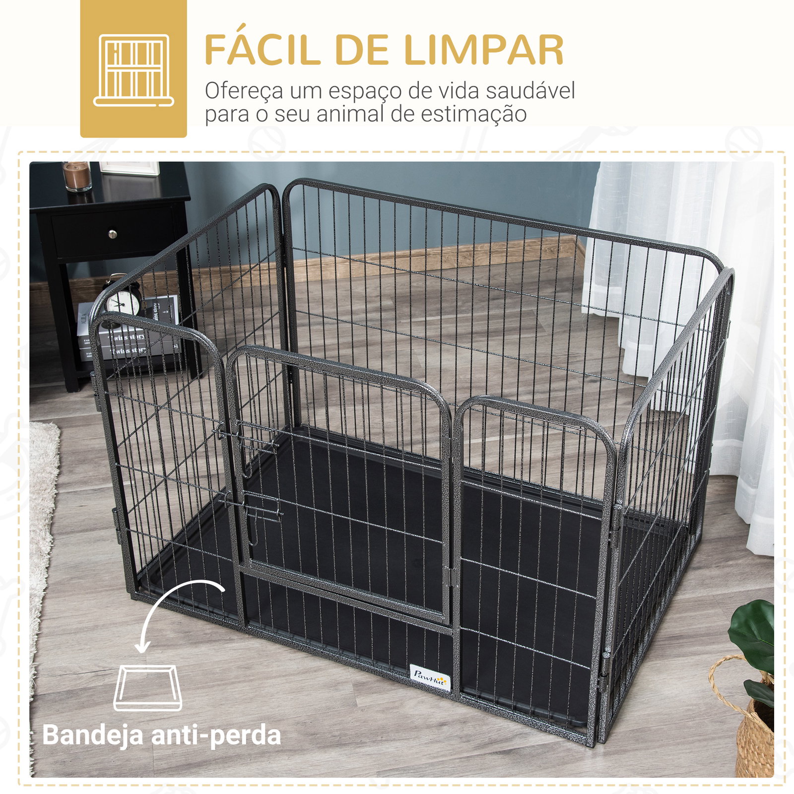 Barreira de Segurança para Animais de Estimação Parque de Diversão para Animais com 4 Painéis de Aço 109x74x71cm com Porta de Tr