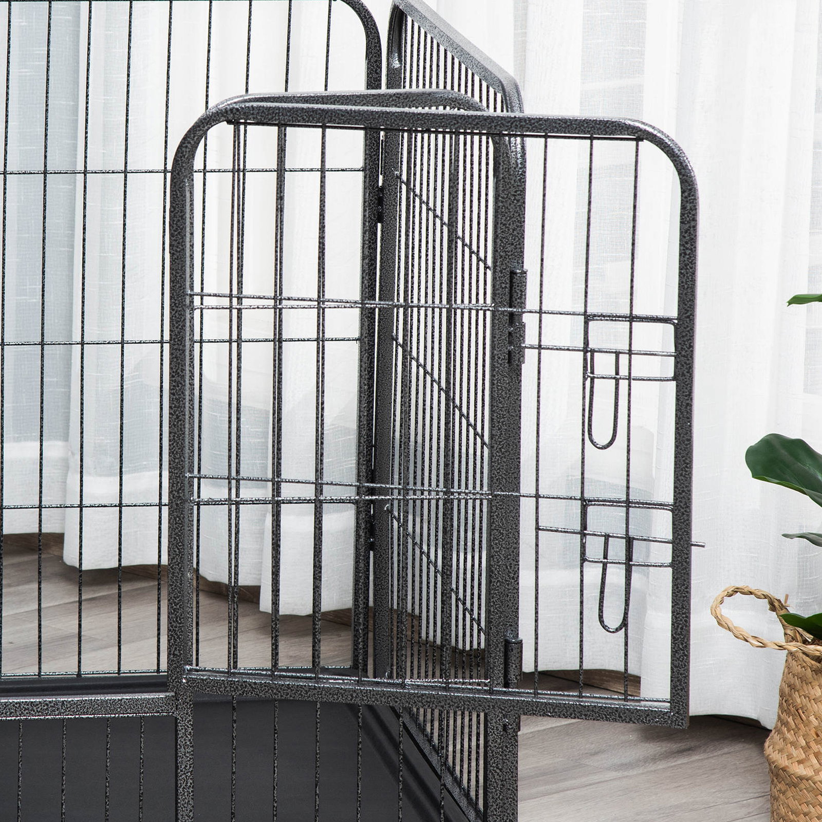Barreira de Segurança para Animais de Estimação Parque de Diversão para Animais com 4 Painéis de Aço 109x74x71cm com Porta de Tr