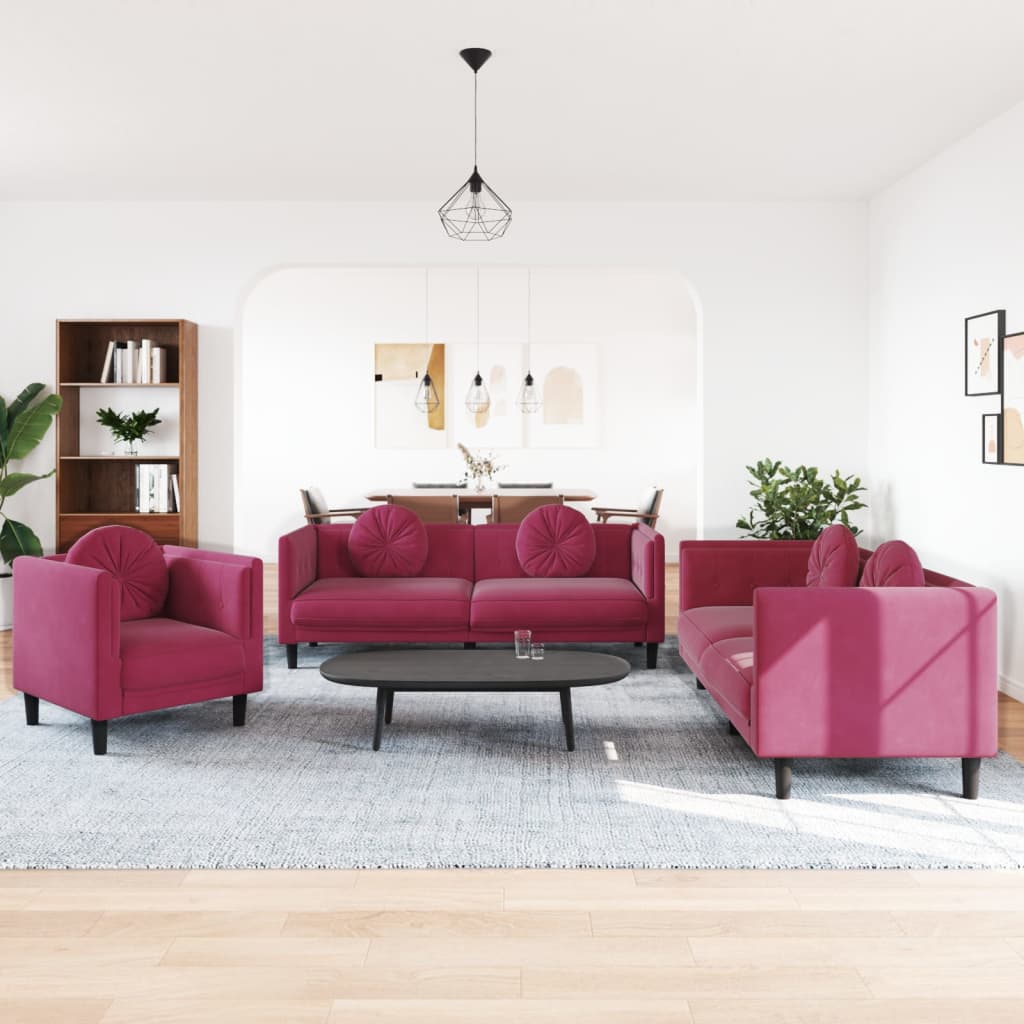 3 Pcs conjunto de sofás com almofadas veludo vermelho-tinto