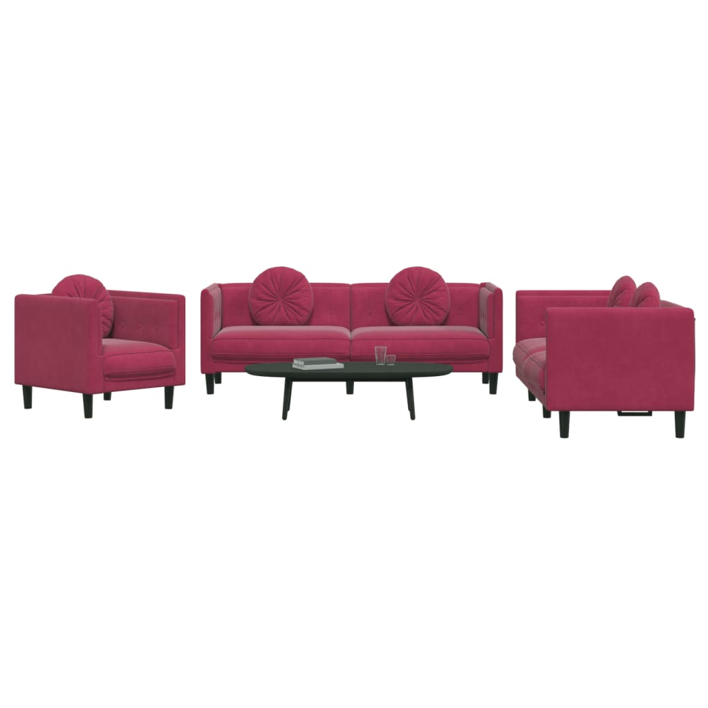 3 Pcs conjunto de sofás com almofadas veludo vermelho-tinto