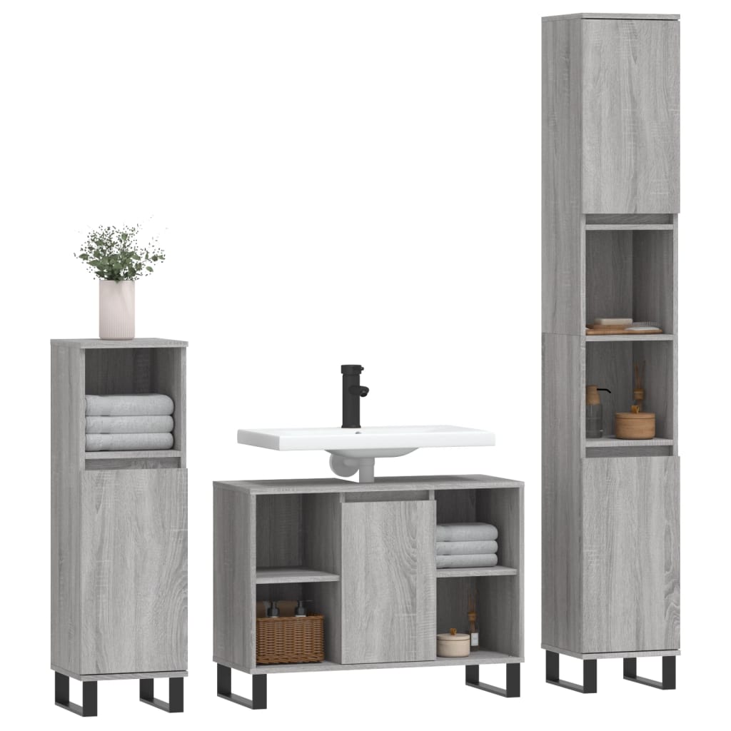 3 Pcs conjunto móveis casa de banho madeira proc. cinza sonoma