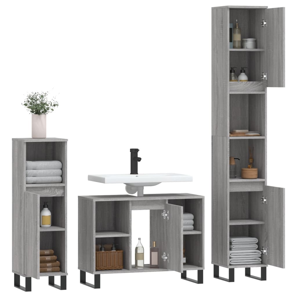 3 Pcs conjunto móveis casa de banho madeira proc. cinza sonoma