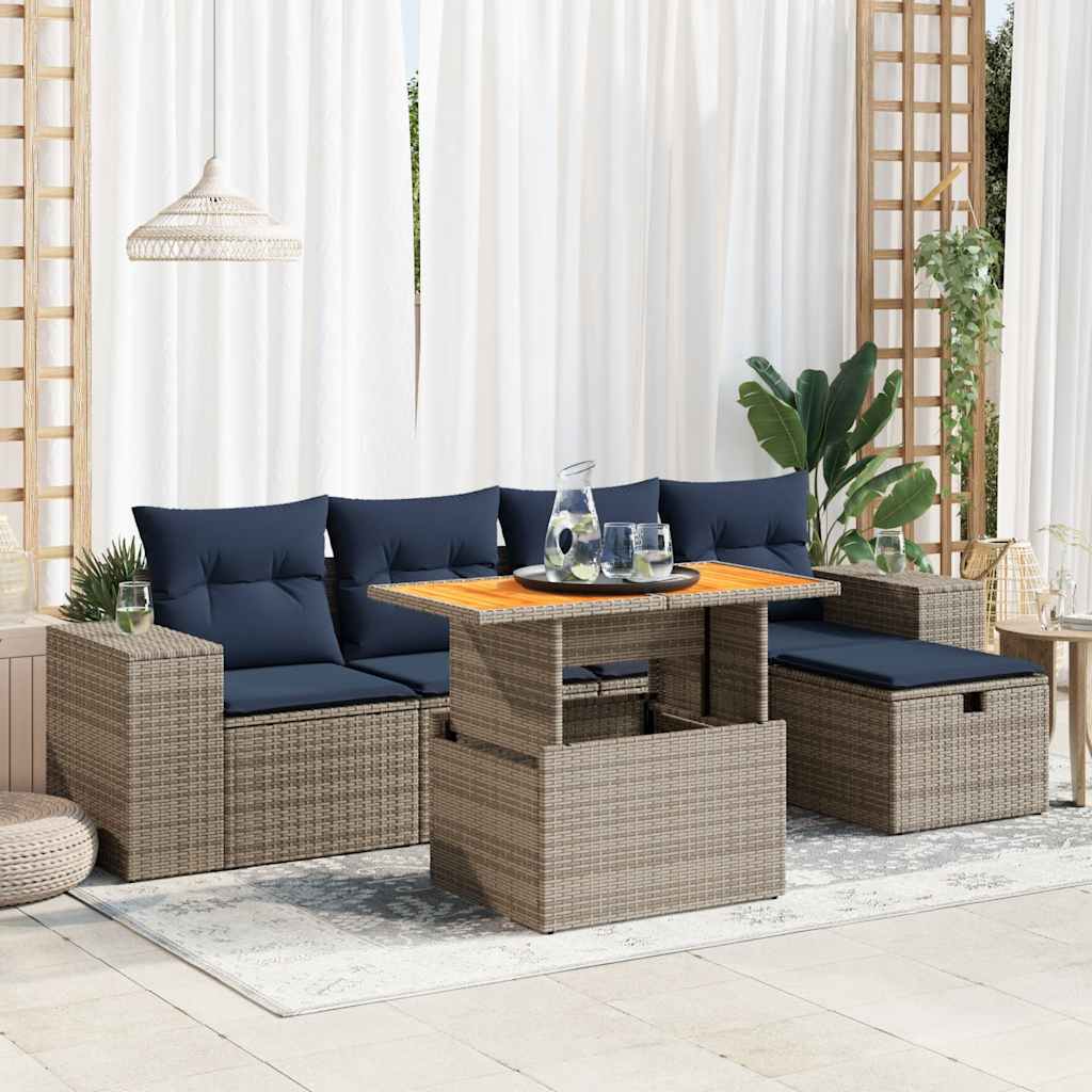 6 Pcs conjunto sofás jardim c/ almofadões vime PE/acácia preto