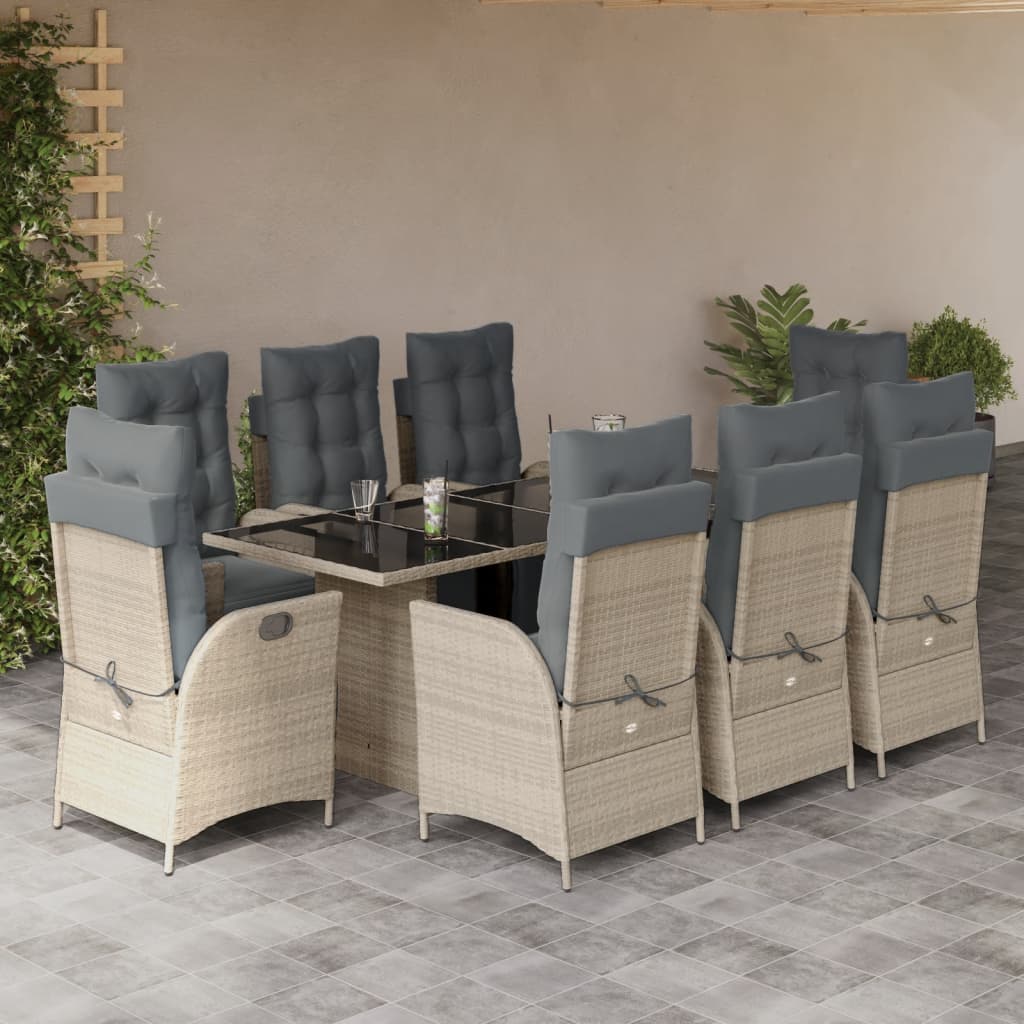 9 Pcs conjunto de jantar p/ jardim c/ almofadões cinzento claro