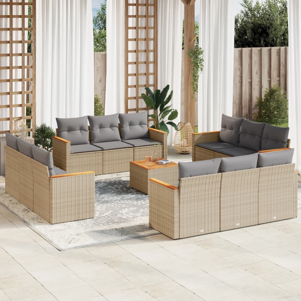 13 Pcs conjunto de sofás p/ jardim com almofadões vime PE bege