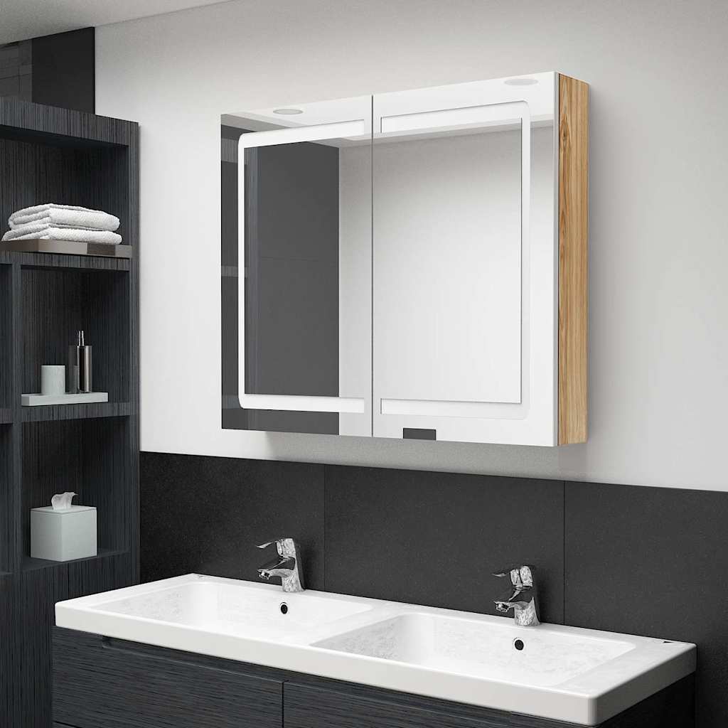 Armário espelhado casa de banho LED 80x12x68 cm branco/carvalho