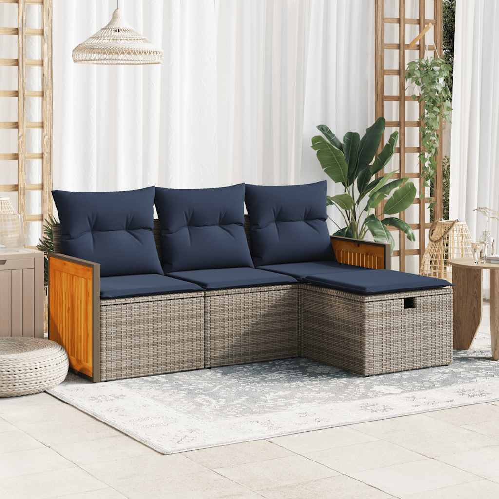 4 Pcs conjunto sofás de jardim c/ almofadões vime PE cinzento