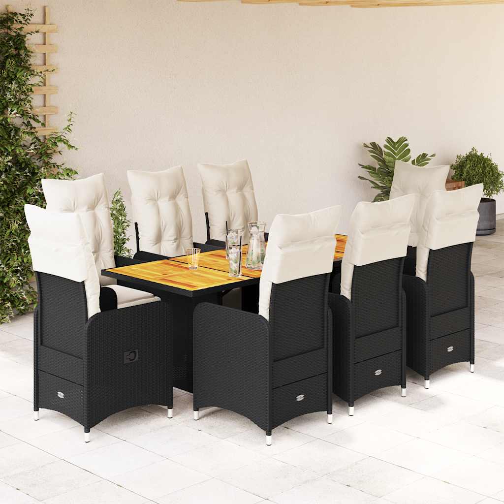 9 Pcs conjunto de bistrô p/ jardim c/ almofadões vime PE preto