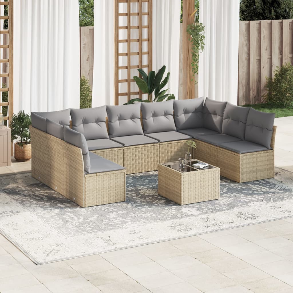 10 Pcs conjunto de sofás p/ jardim com almofadões vime PE bege