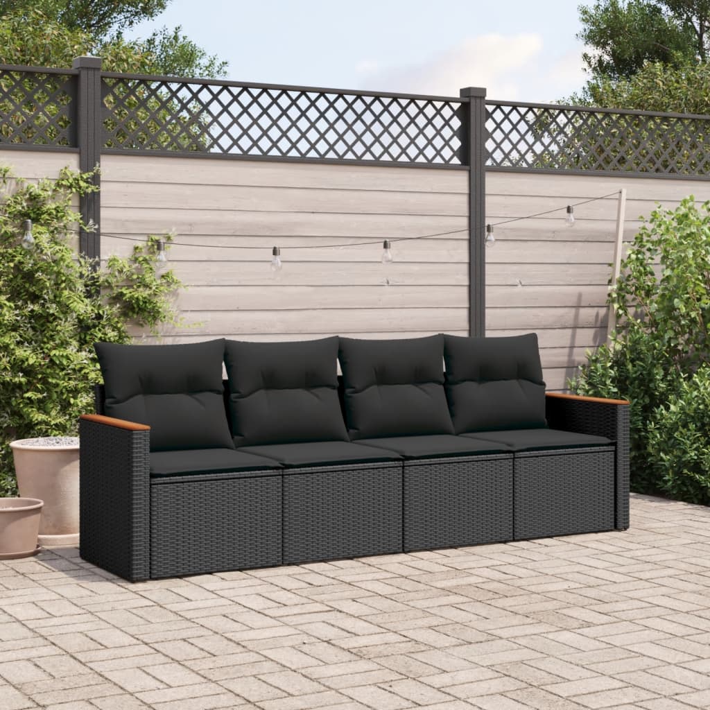 4 Pcs conjunto de sofás para jardim c/ almofadões vime PE preto