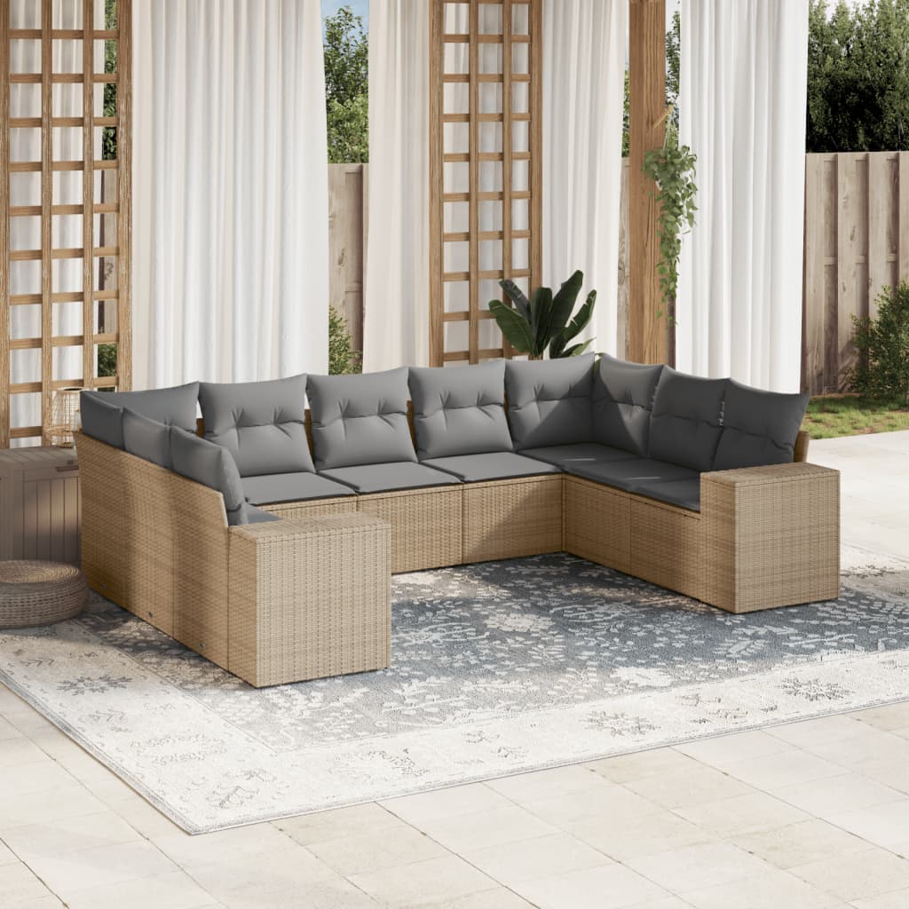 9 Pcs conjunto de sofás p/ jardim com almofadões vime PE bege