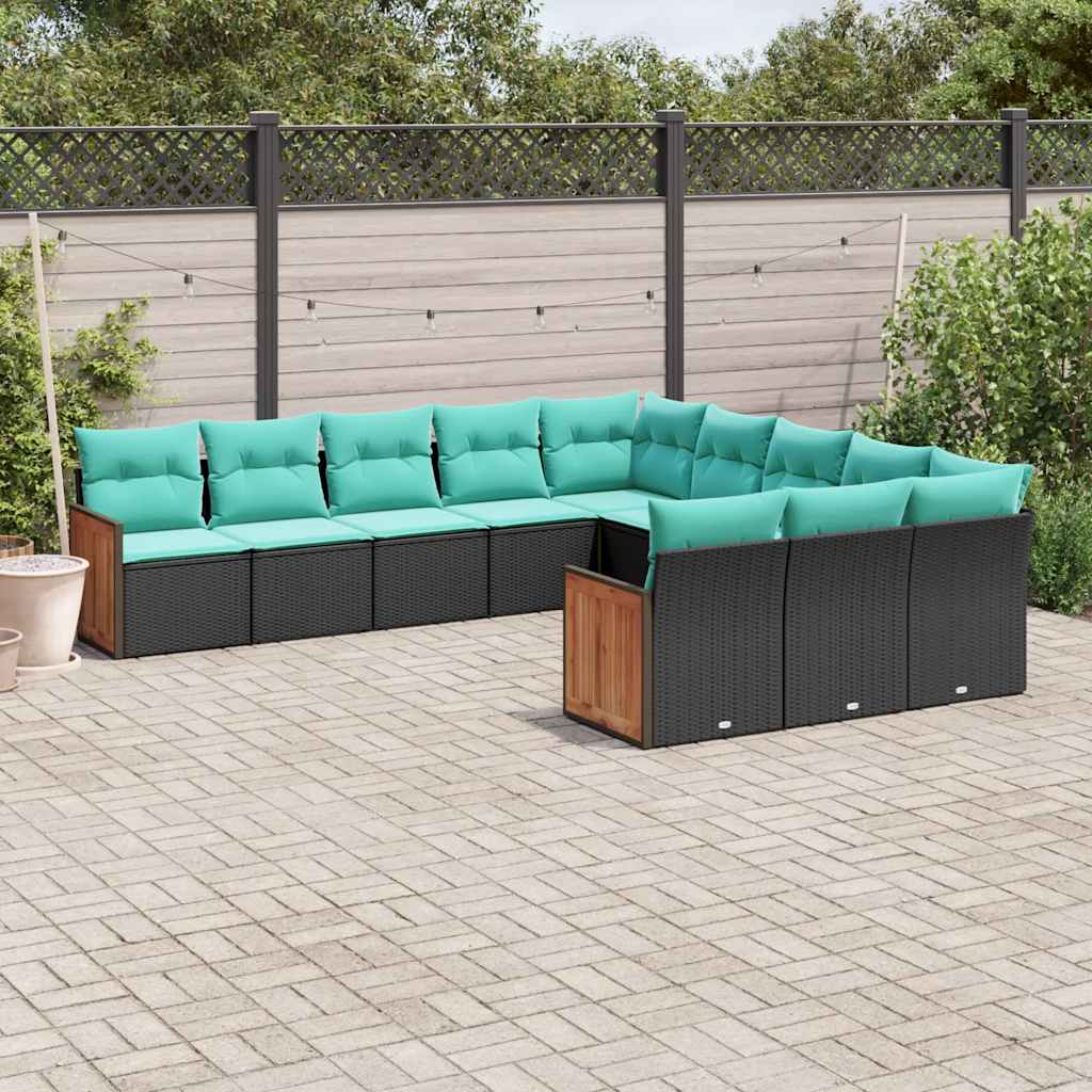 Conjunto de sofá de jardim com 11 peças e almofadas em rattan sintético preto