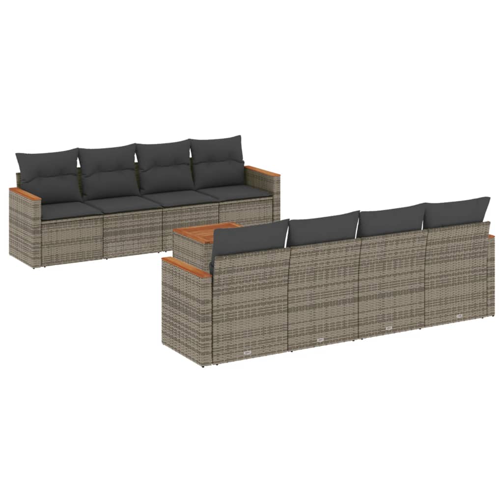 9 Pcs conjunto sofás p/ jardim com almofadões vime PE cinzento