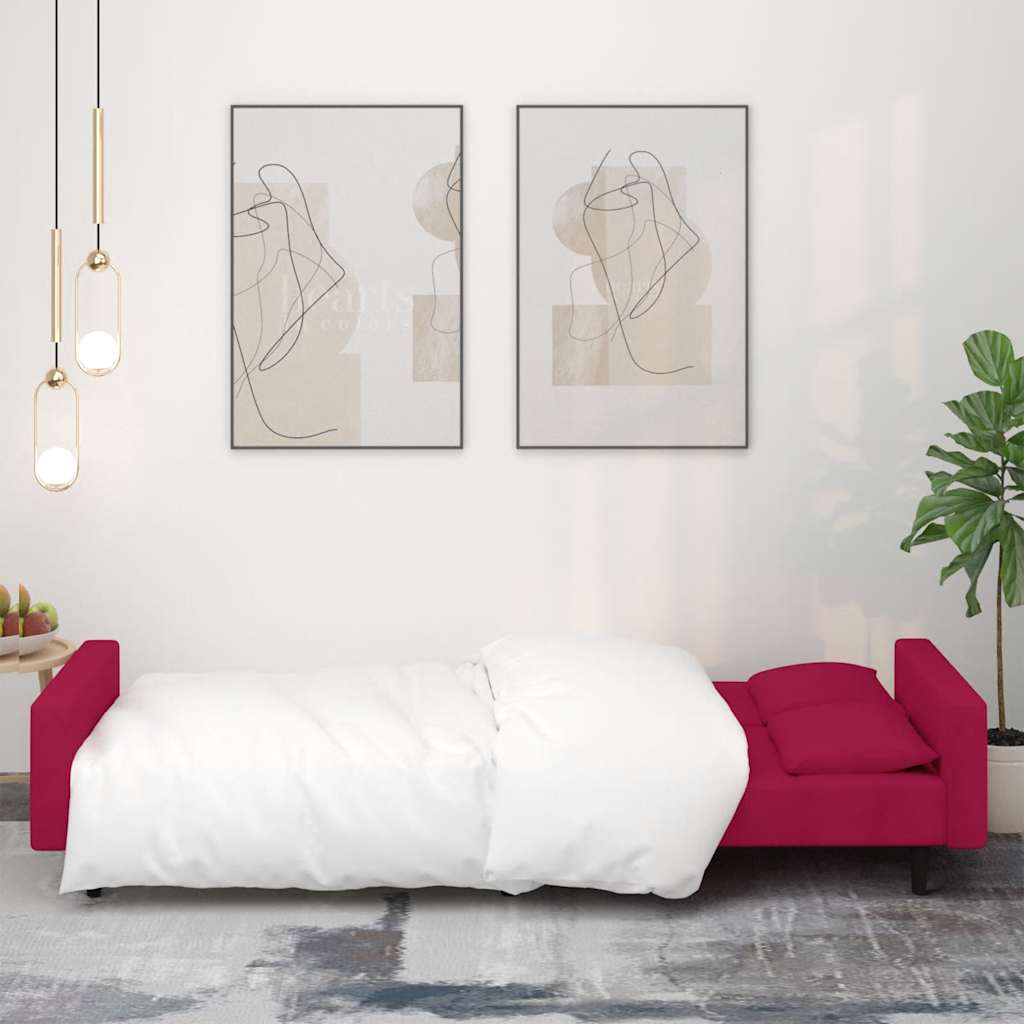 Sofá-cama 2 lugares com duas almofadas veludo vermelho tinto