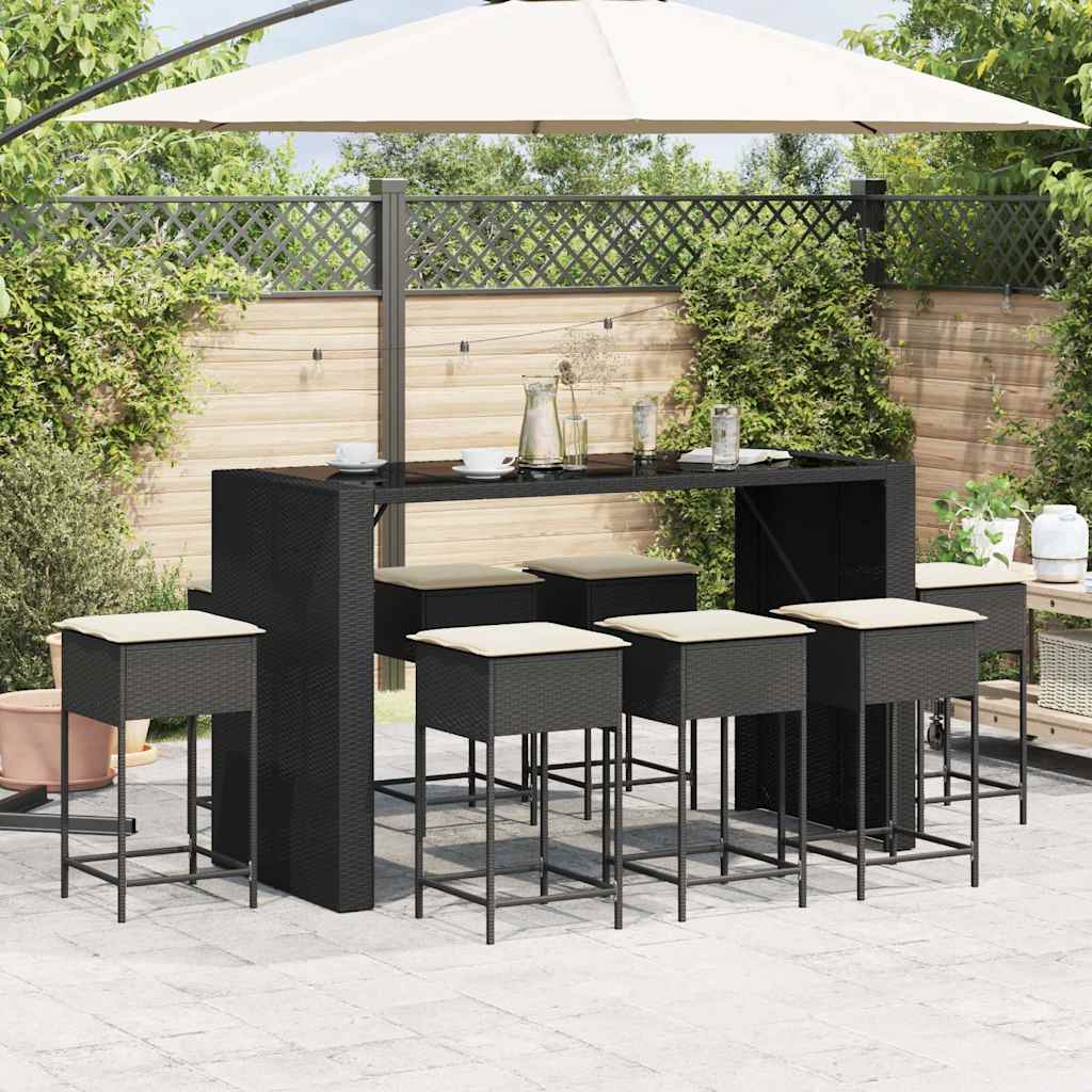 9 Pcs conjunto de bar para jardim c/ almofadões vime PE preto