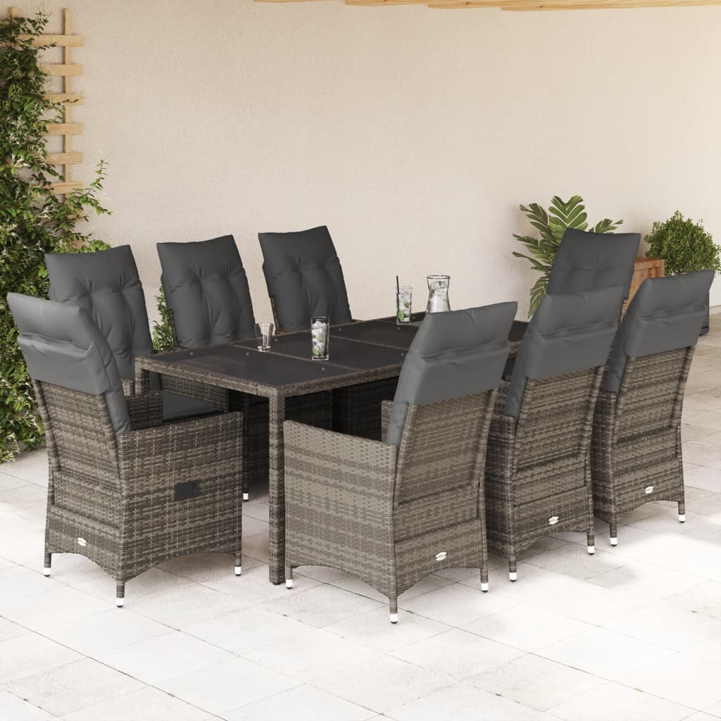 9 Pcs conjunto de jantar p/ jardim c/ almofadões vime PE cinza