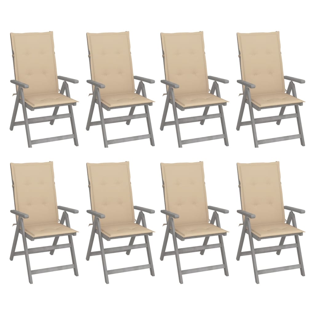 Cadeiras jardim reclináveis c/ almofadões 8 pcs acácia cinzento