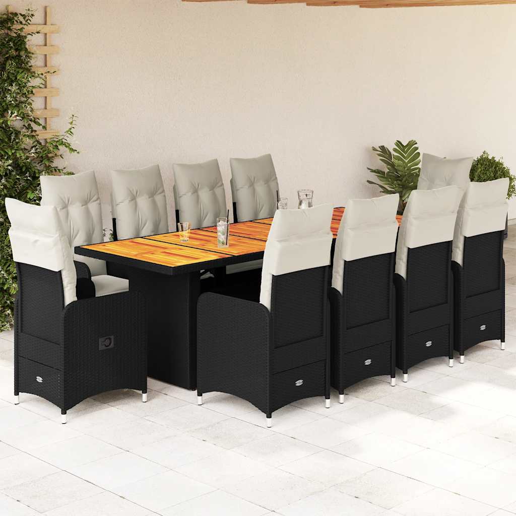 11 Pcs conjunto de bistrô p/ jardim c/ almofadões vime PE preto