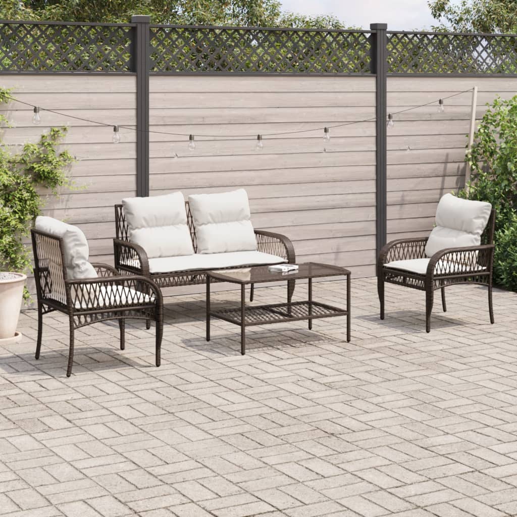 4 Pcs conjunto sofás de jardim c/ almofadões vime PE castanho