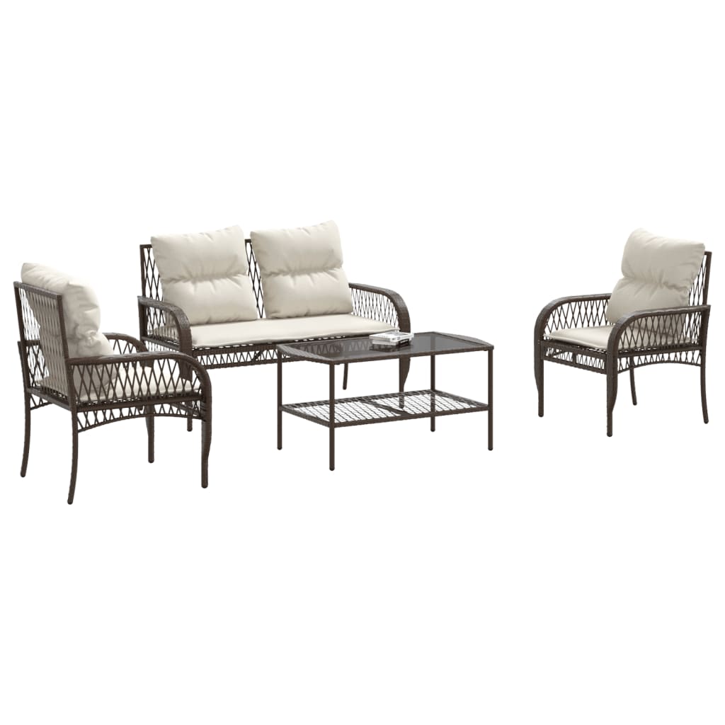 4 Pcs conjunto sofás de jardim c/ almofadões vime PE castanho