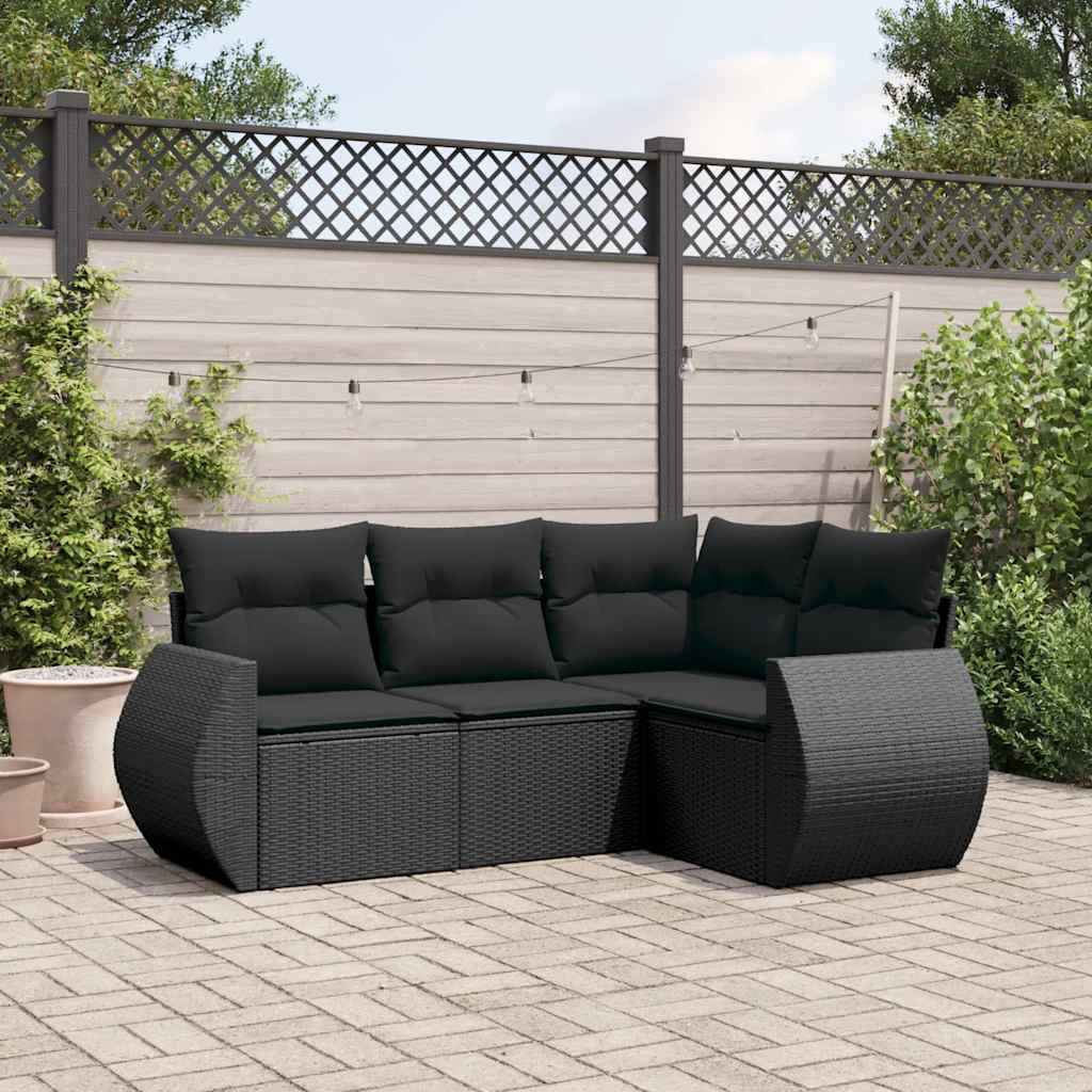 4 Pcs conjunto de sofás para jardim c/ almofadões vime PE preto