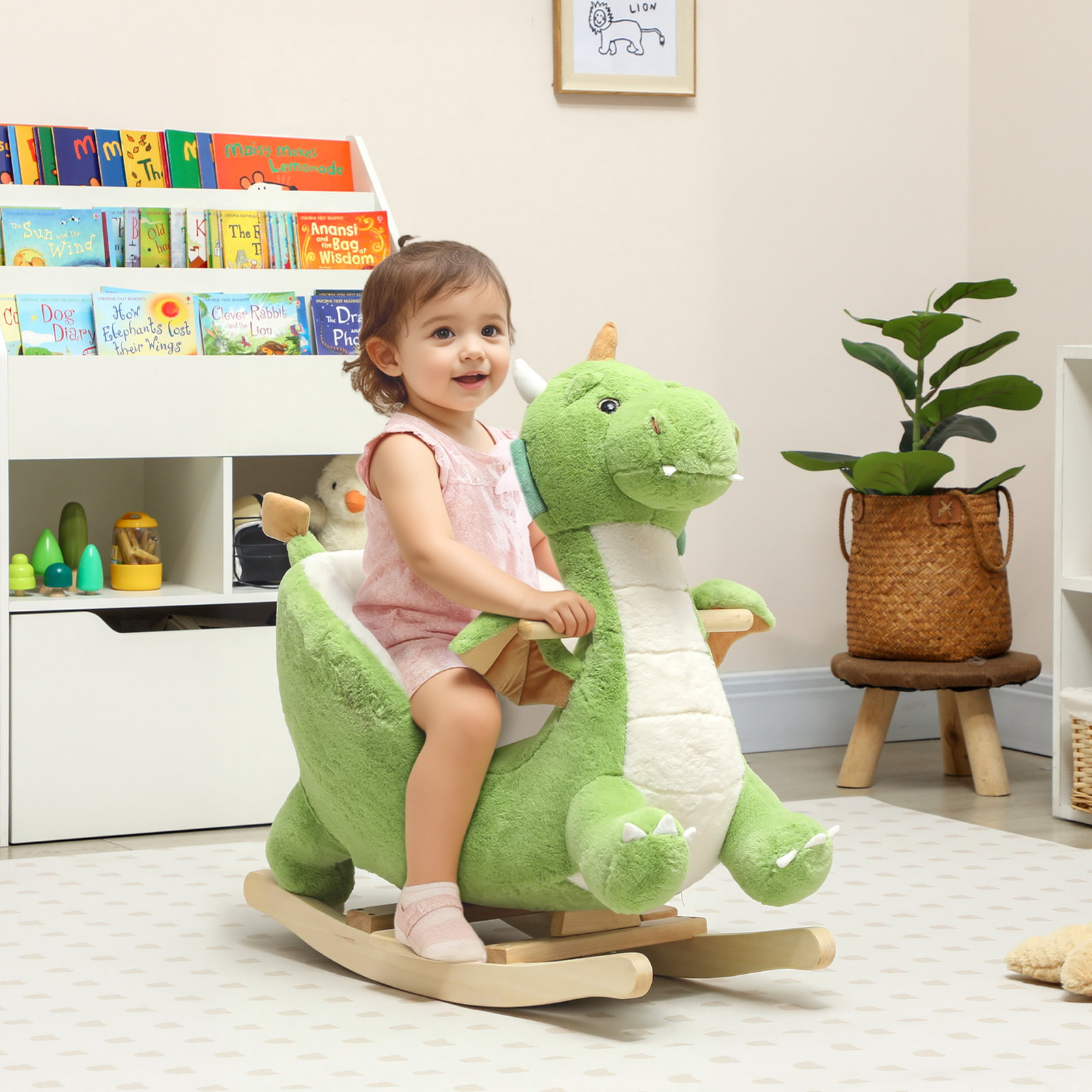 Baloiço para bebés com som de dragão base de madeira cinto de segurança para crianças de 18-36 meses 65x38x72 cm verde