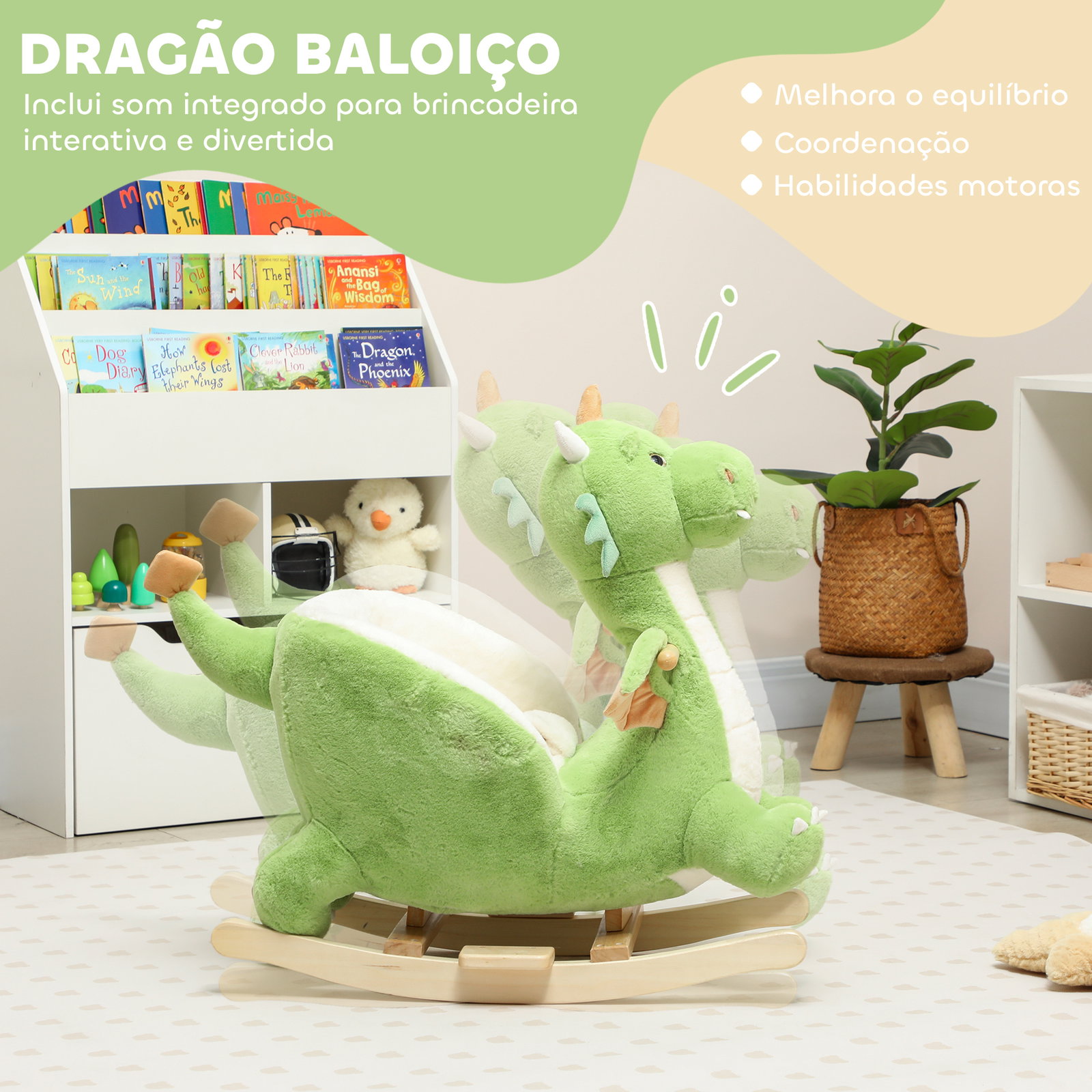 Baloiço para bebés com som de dragão base de madeira cinto de segurança para crianças de 18-36 meses 65x38x72 cm verde